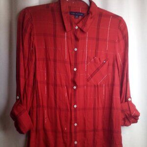 Tommy Hilfiger Blouse Shirt S Women Button Up Long Roll Tab Sleeve Red Black